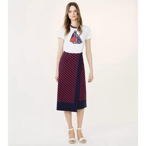 Tory Burch Anya Knit Faux Wrap Medium Navy Blue Nantucket Red A-Line Midi Skirt